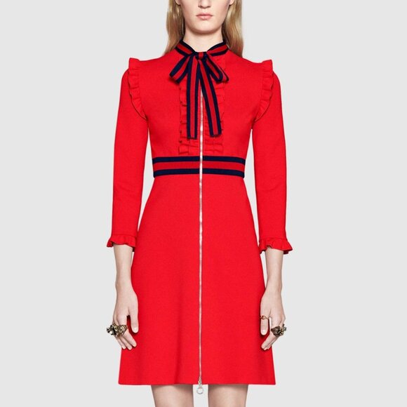 Gucci Red Ruffled Stripe-Trim Bow-Neck Mini Dress - Picture 1 of 10